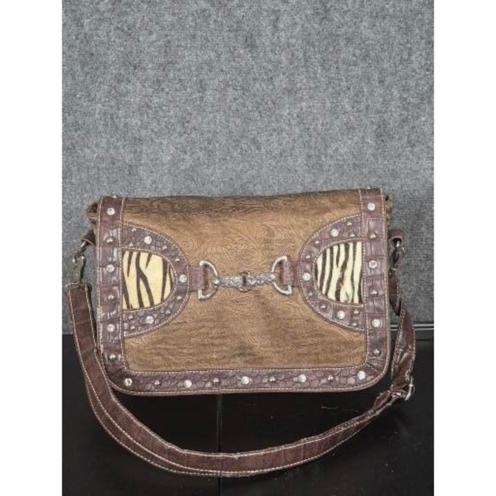 P&G Western Brown Paisley Zebra Print Rhinestone Studded Horsebit Shoulder Bag‎